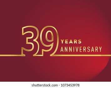 39 years anniversary logo, gold colored isolated with red background