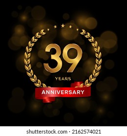 39 years anniversary logo with golden  laurel and red ribbon for booklet, leaflet, magazine, brochure poster, banner, web, invitation or greeting card. Vector illustrations.