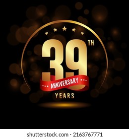 39 years anniversary logo with golden ring and ribbon for booklet, leaflet, magazine, brochure poster, banner, web, invitation or greeting card. Vector illustrations.