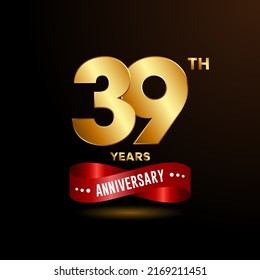 39 years anniversary logo with red ribbon for booklet, leaflet, magazine, brochure poster, banner, web, invitation or greeting card. Vector illustrations.