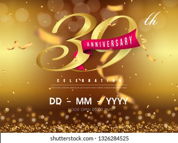 39 years anniversary logo template on gold background. 39th celebrating golden numbers with red ribbon vector and confetti isolated design elements