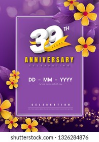 39 years anniversary logo template on golden flower and purple background. 39th celebrating white numbers with gold ribbon vector and bokeh design elements, anniversary invitation template card design