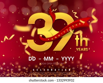 39 years anniversary logo template on gold background. 39th celebrating golden numbers with red ribbon vector and confetti isolated design elements