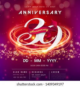 39 years anniversary logo template on red and pink  futuristic space background. 39th modern technology design celebrating numbers with Hi-tech network digital technology concept design elements
