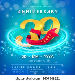 39 years anniversary logo template on blue Abstract futuristic space background. 39th modern technology design celebrating numbers with Hi-tech network digital technology concept design elements.