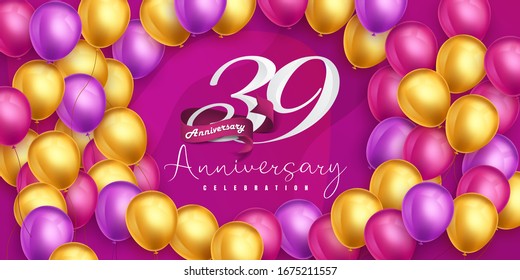 39 years anniversary logo template design on pink background and balloons. 39th anniversary celebration background with pink ribbon and balloons. Party poster or brochure template. Vector illustration