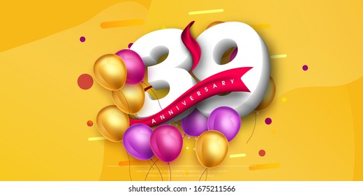 Diseño de plantillas de logo para 39 años sobre fondo amarillo y globos. Antecedentes de la celebración del 39° aniversario con cintas rojas y globos. Plantilla de póster o folleto de la fiesta.