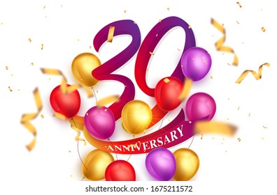 Diseño de plantillas de logo para 39 años sobre fondo blanco y globos. Antecedentes de la celebración del 39° aniversario con cintas rojas y globos. Plantilla de póster o folleto de la fiesta. Ilustración del vector