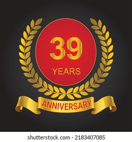 Plantilla de logotipo de 39 años. números de oro con cinta dorada.