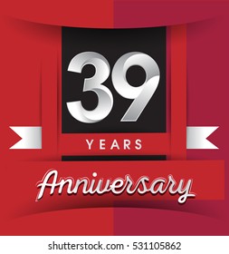 39 years anniversary logo with white ribbon isolated on red background, flat design style, Vector template elements for birthday celebration