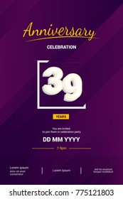 39 Years Anniversary Logotype with 3d white number isolated on dark purple abstract background