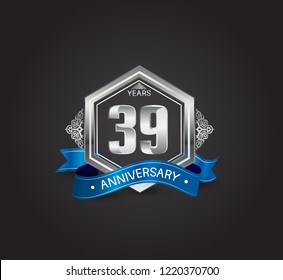 39 years anniversary logotype design with blue ribbon, silver hexagon, and ornament isolated on dark background. Vector template for celebration company event, greeting card, and invitation card