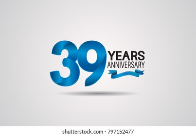 39 years anniversary logotype design with blue color and ribbon isolated on white background for celebration event