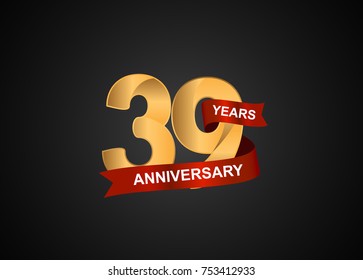 39 years anniversary logotype with elegance gold color and warp red ribbon