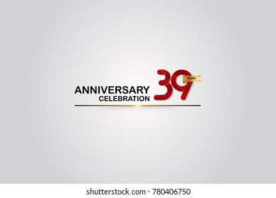 39 Years Anniversary Logotype with Elegant Red Color and Golden Ribbon Isolated on White Background