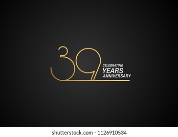 39 Years anniversary logotype with golden colored font numbers made of one connected line, isolated on black background for company celebration event, birthday