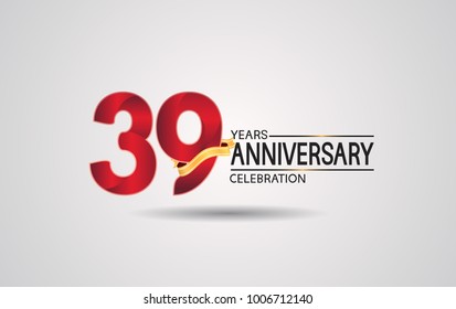 39 years anniversary logotype with red color and golden ribbon isolated on white background for celebration event