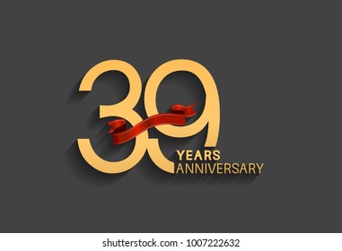 39 years anniversary logotype with red ribbon and golden color for celebration event