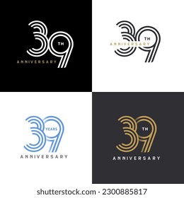 39 years anniversary vector number icon, birthday logo label, black, white and colors stripe number