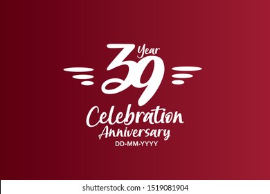 39 years anniversary white colors on red color with triple small stripes on left and right  - vector 