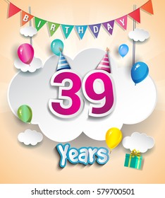 39 Years Birthday Design for greeting cards and poster, with clouds and gift box, balloons. using Paper Art Design Style. vector elements for anniversary celebration