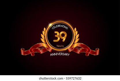 39 years gold anniversary celebration logo with red ribbon , isolated on dark background