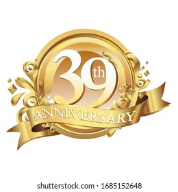 39 years golden anniversary logo celebration with ring and ribbon.