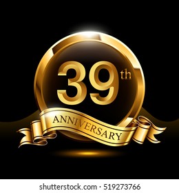 39 years golden anniversary logo celebration with ring and ribbon.