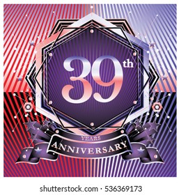 39 years golden anniversary logo celebration with ring and ribbon. Symbol and template for greeting card