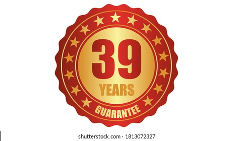 39 años de garantía estampilla icono o etiqueta de garantía, insignia, etiqueta, ilustración del vector de sello de concepto original, logotipo aislado en fondo blanco y texto rojo dorado