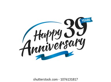 39 years happy anniversary celebration with blue swoosh and blue ribbon isolated on white background 