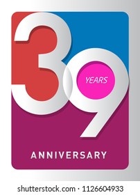 39 years old celebrating modern logo. Colored happy anniversary template numbers. vector design for celebration, invitation card, and greeting card