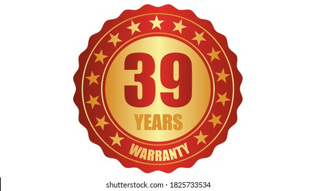 39 years warranty stamp icon or a warranty tag, badge, label, original certified concept seal vector illustration, logo isolated on white background and golden red text