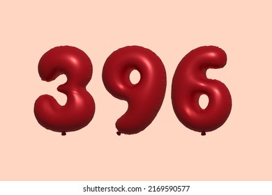 396 globo 3d número hecho de renderización 3d de globo metálico realista. Globos 3D de helio rojo para la venta decoración Fiesta Cumpleaños, Celebración de Aniversario, Fiesta de la Boda. Ilustración del vector