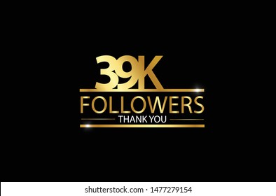 39k, 39.000 Followers celebration logotype. anniversary logo with golden and Spark light white color isolated on black background for social media - Vector