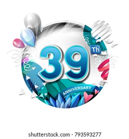 39th anniversary background with balloon and confetti on white. 3D paper style illustration. Poster or brochure template. Vector illustration.