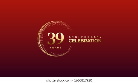 39th Anniversary background with an illustration of gold Colored figures with a circular glitter on a red background.
