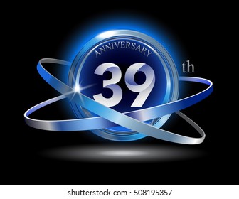 39th anniversary with blue ring graphic elements on black background