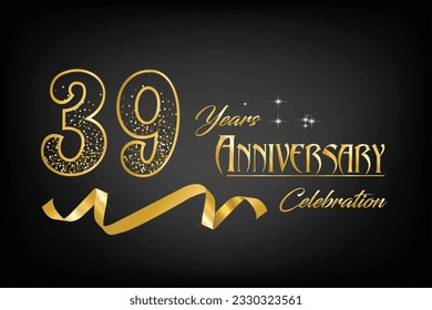 39th Anniversary Celebrating golden text and confetti on dark background with numbers. 