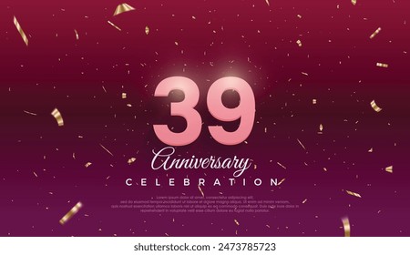 39th Anniversary celebration, 39 Anniversary celebration, Dark purple background, festive illustration,Realistic 3d sign, stars, Pink number with red ribbon 39 sparkling confetti, 39,40