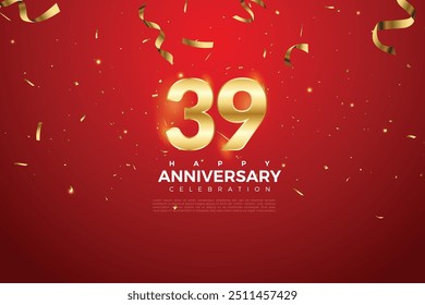 39th Anniversary celebration, 39 Anniversary celebration On Red background for celebration event, festive illustration, Golden number 39 sparkling confetti, 39,40
