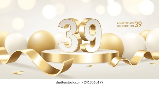 39th Anniversary celebration background. Golden 3D numbers on round podium with golden ribbons and balloons with bokeh lights in background.