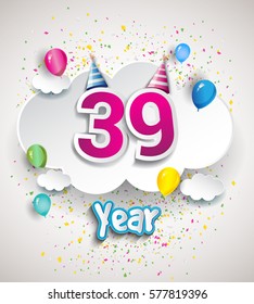 39th Anniversary Celebration Design, with clouds and balloons, confetti. Vector template elements for your, thirty nine years birthday celebration party.