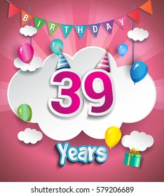 39th Anniversary Celebration Design, with clouds and balloons. using Paper Art Design Style, Vector template elements for your, thirty nine years birthday celebration party.