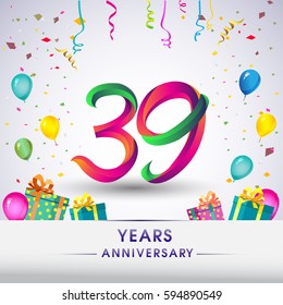 39th Anniversary Celebration Design, with gift box, balloons and confetti, Colorful Vector template elements for your, thirty nine years birthday celebration party.