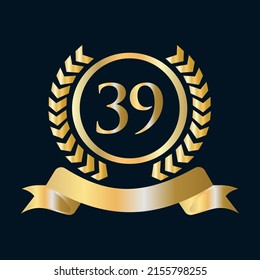 39th Anniversary Celebration Gold and Black Template. Luxury Style Gold Heraldic Crest Logo Element Vintage Laurel Vector