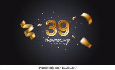 39th anniversary celebration Gold numbers with dotted halftone, shadow and sparkling confetti. modern elegant design with black background. for wedding party event decoration. Editable vector EPS 10