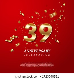 39th Anniversary celebration. Golden number 39 with sparkling confetti, stars, glitters and streamer ribbons on red background. Vector festive illustration. Birthday or wedding party event decoration