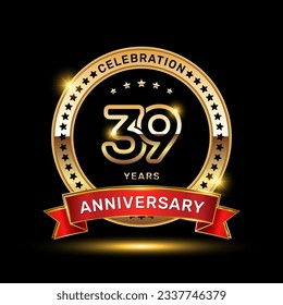 39th anniversary celebration logo design with golden color emblem style and red ribbon, vector template