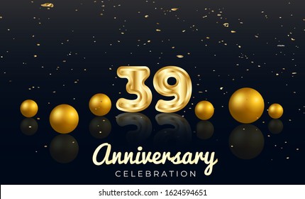 39th Anniversary celebration Vector background by using two colors in the design between gold and red, Golden number 39 with Realistic 3d sign & gold Sphere for Birthday or wedding party 